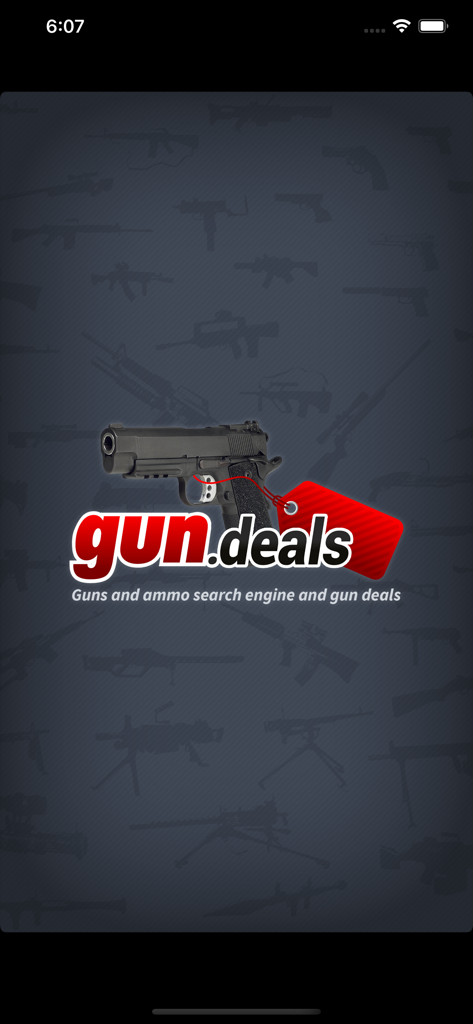 gun.deals app splash screen featuring a handgun logo with a red price tag and silhouettes of firearms in the background