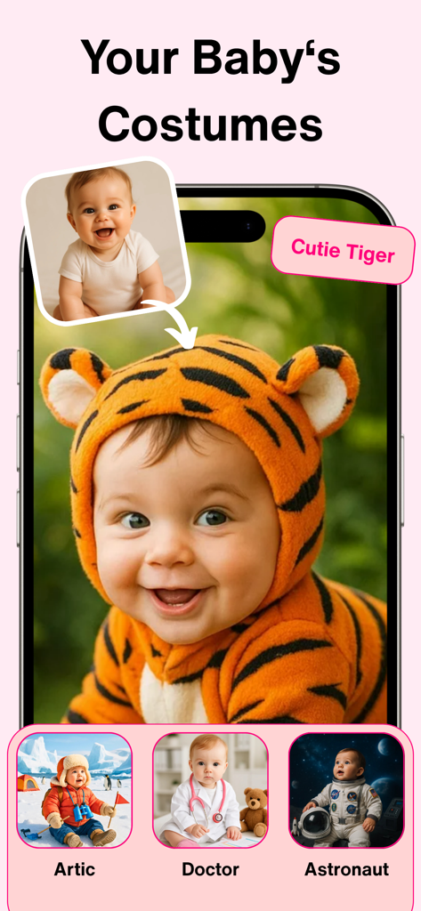 Newborn Baby AI Photo: NewPic - App interface for Newborn Baby AI Photo showing professional quality baby photos in costumes like tiger astronaut and doctor