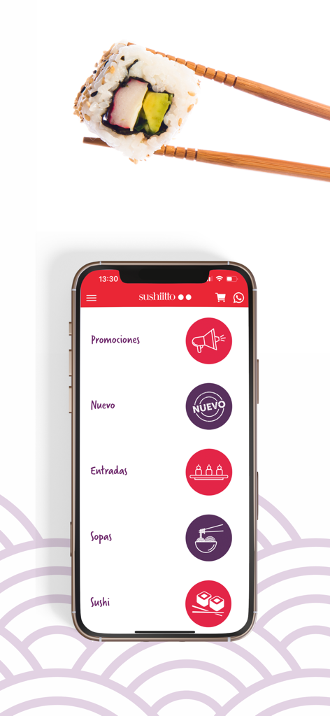 Sushiitto El Salvador mobile app interface showing a food menu with categories for sushi soups and appetizers