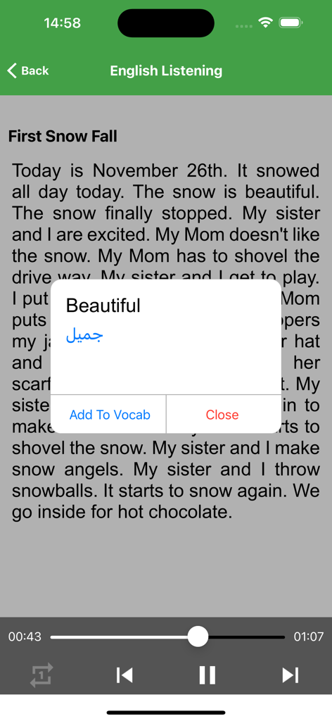Learn English Listening - Captura de pantalla de la aplicación Learn English Listening mostrando una historia en inglés con una ventana emergente de traducción al árabe para construir vocabulario