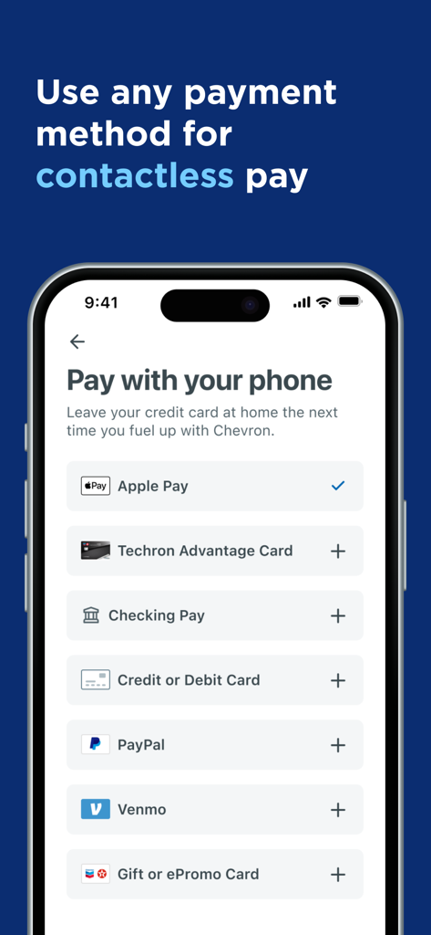 Chevron - Chevron app screen showing contactless payment options like Apple Pay PayPal and Venmo