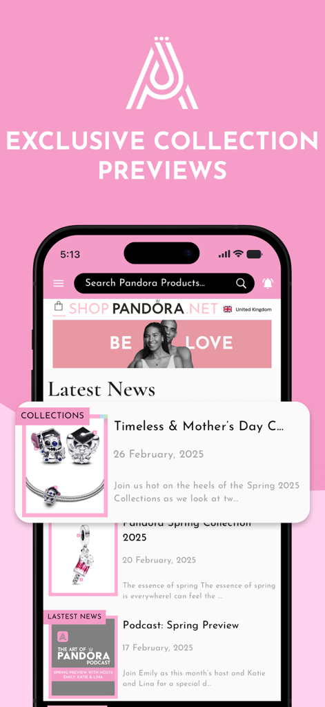 The Art Of Pandora - Interface of The Art of Pandora app showing news and exclusive collection previews for jewelry collectors
