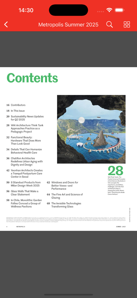 Metropolis Mag - Digital table of contents from the Metropolis Mag app showing design and architecture articles.