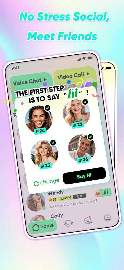 SOYOU mobile app interface showing verified user profiles with a Say Hi button for instant social connection