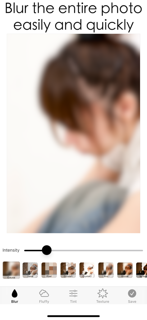 A screenshot of the blur effect app showing a blurred photo with intensity controls and multiple filter styles.