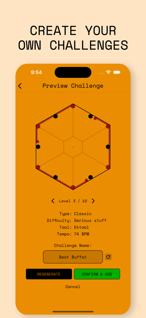 Mobile interface for creating custom rhythm challenges with a geometric mandala pattern