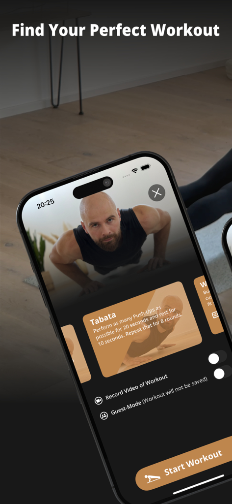 GOLDEN Push Up app workout selection interface showing Tabata training mode
