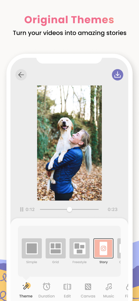 VDO Video Maker by PicCollage - Interfaz de la aplicación VDO Video Maker que muestra la sección de Temas Originales con un video de una mujer y su perro