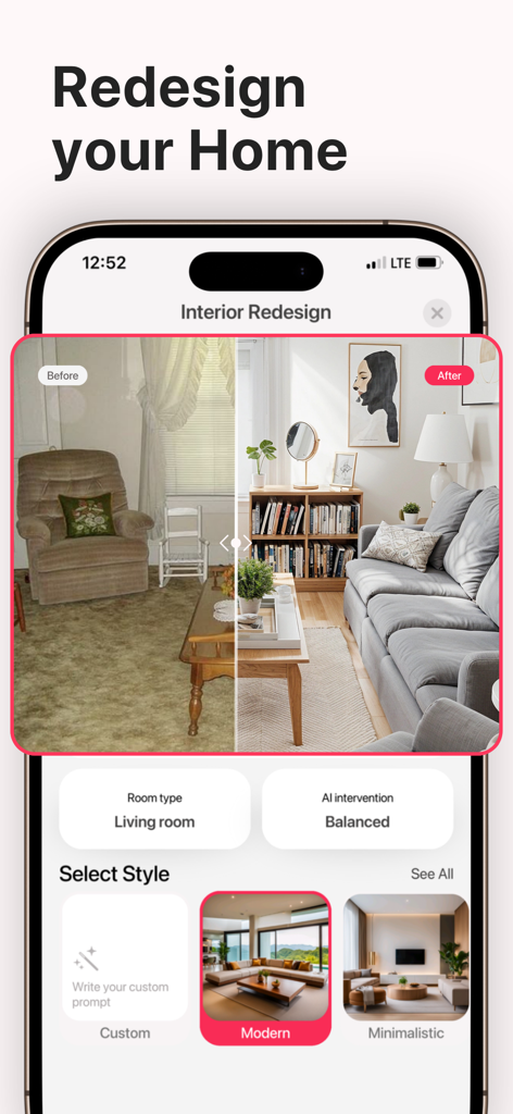 AI Home Design - AI Interior - Comparación de antes y después de un salón rediseñado utilizando una aplicación de diseño de interiores con IA