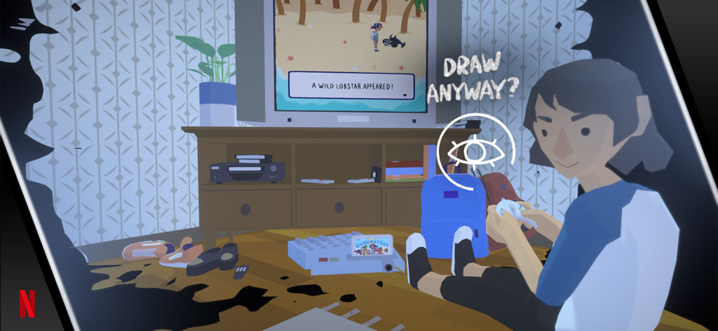 Before Your Eyes - Un personaggio in Before Your Eyes seduto davanti a una TV retrò con un'icona a forma di occhio che indica l'interazione tramite battito di ciglia