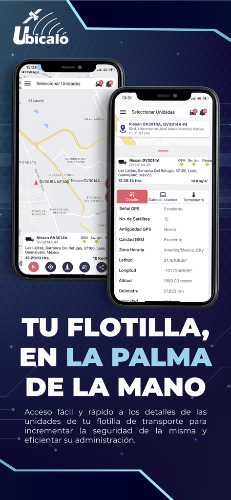 Ubícalo App - Pantallas móviles de Ubicalo App mostrando el rastreo GPS de vehículos y detalles de gestión de flotas