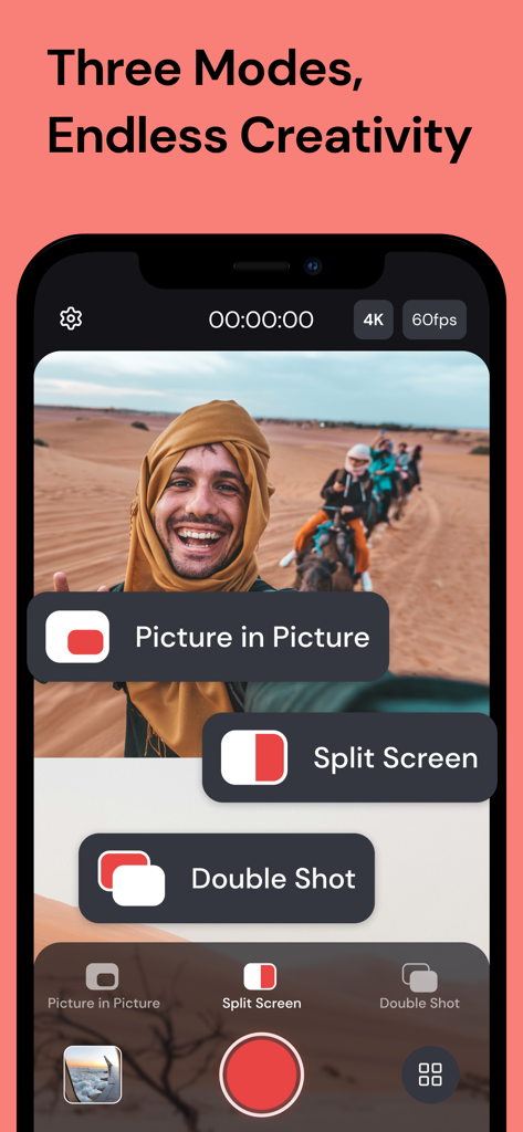 Interfaz de la aplicación DoubleTake mostrando los modos de grabación Picture in Picture y Split Screen