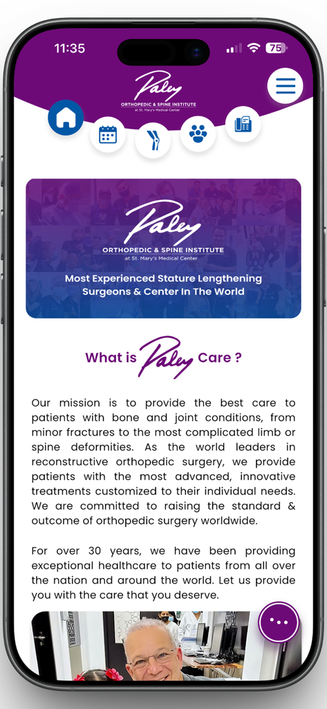 The Paley Orthopedic & Spine - Pantalla de inicio de la aplicación The Paley Orthopedic and Spine que muestra la misión del instituto y su estatus como líder mundial en cirugía de alargamiento de estatura.