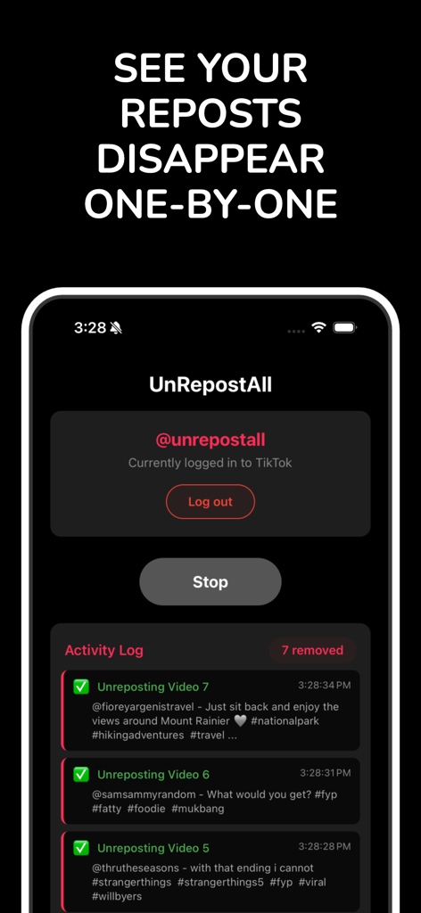 Capture d'écran du journal d'activité de l'application UnRepostAll montrant la suppression automatisée des republications TikTok une par une.