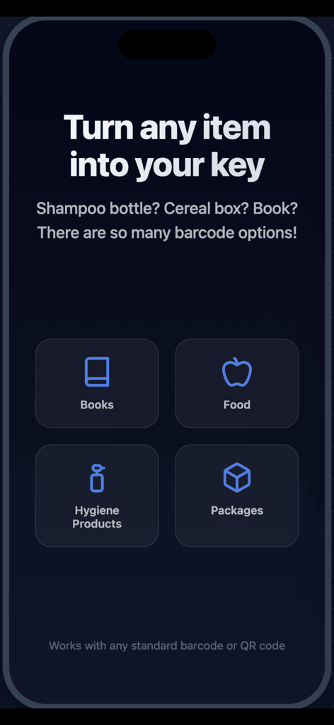 BarBlock: Barcode App Blocker - Interfaz de la aplicación BarBlock que explica cómo usar códigos de barras de artículos como libros o alimentos como llaves para desbloquear aplicaciones.