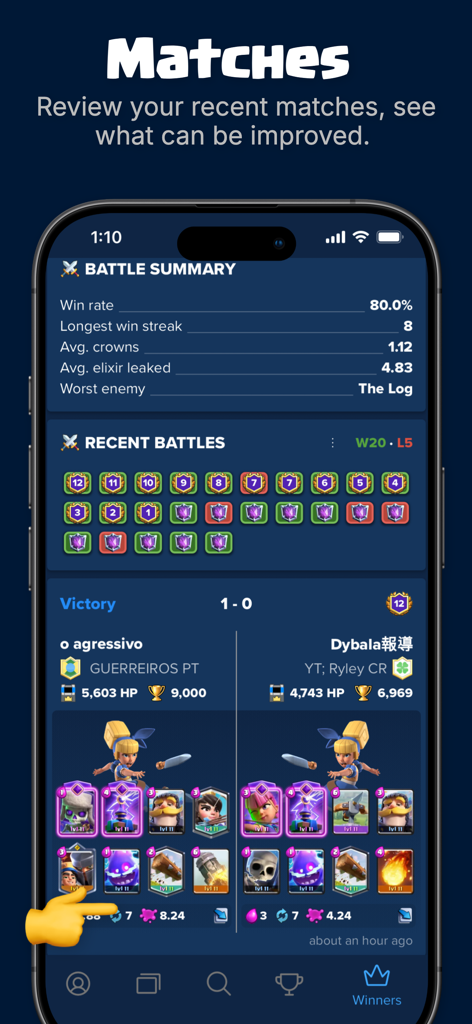 Stats Royale app showing Clash Royale battle summary and match history