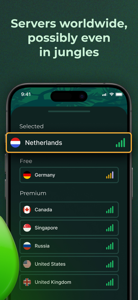 Triple Ape VPN - A list of global VPN server locations in the Triple Ape VPN app including Netherlands Germany and USA