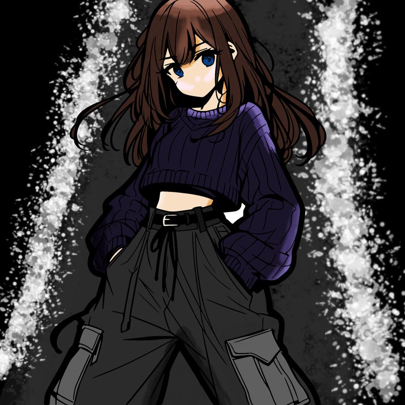 anime teen girl with baggy pants and crop top with sweater