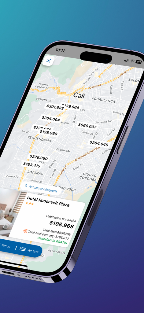 Interface do aplicativo TiquetesBaratos exibindo mapa de preços de hotéis em Cali e detalhes de reserva de hotel