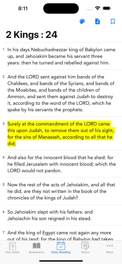 KJV Bible: King James Version - Screen showing a highlighted verse in the King James Version Bible mobile app.