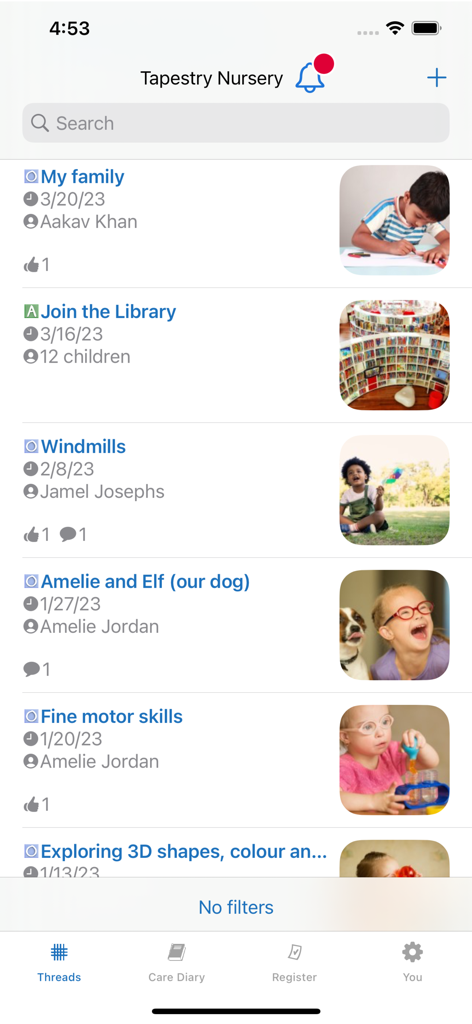 Tapestry Journal - Eine mobile App-Oberfläche, die einen Feed von Bildungsbeobachtungen anzeigt, einschließlich Fotos von Kindern und Aktivitätsbeschreibungen.