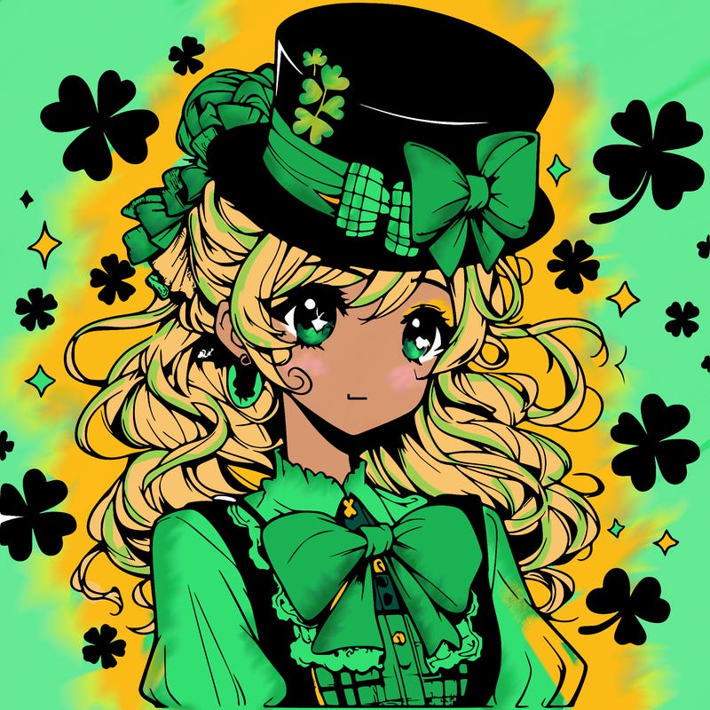 a manga-style girl with clovers around her, a little hat in her hair, like it's saint patrick's day