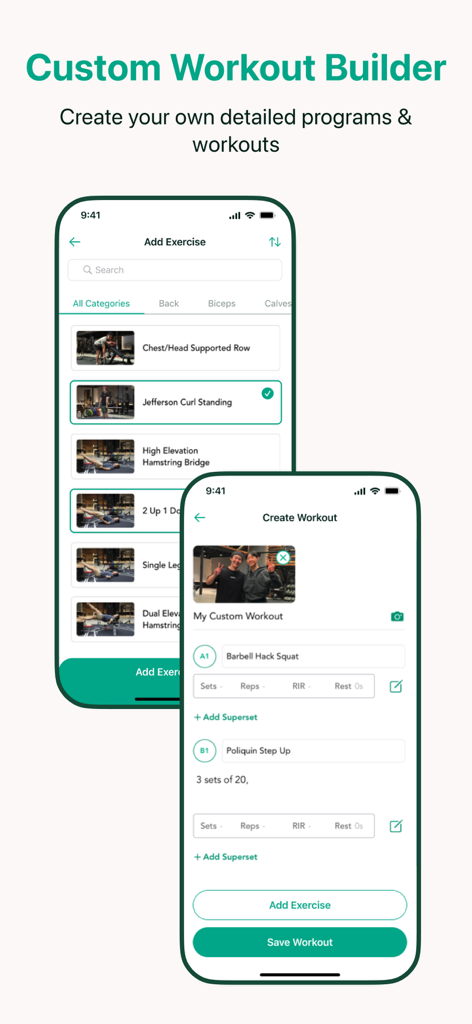 Ganbaru Method - Interface of the Ganbaru Method app showing the custom workout builder and exercise selection screens
