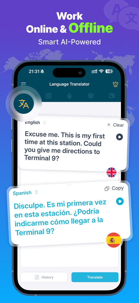 Screen Translator app interface showing English to Spanish text translation with offline support