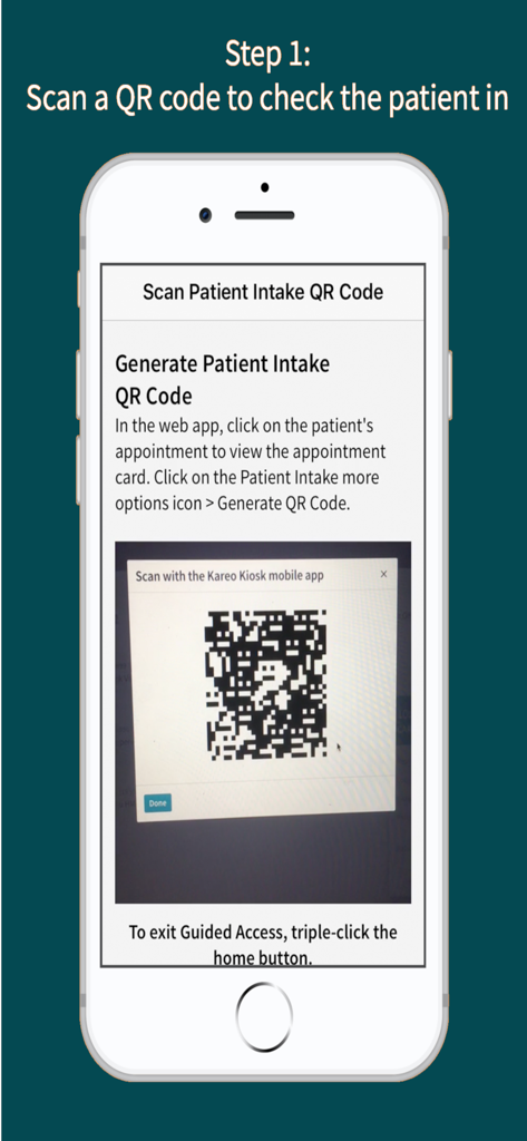 Tebra Kiosk (Kareo) - Tebra Kiosk app displaying steps to scan a QR code for digital patient intake
