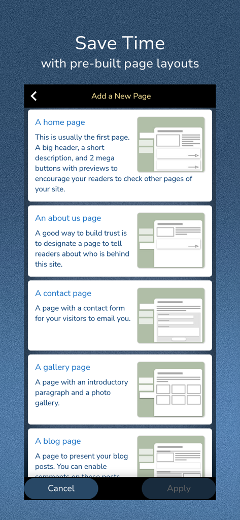 SimDif — Website Builder - Interface de l'application SimDif affichant des mises en page prédéfinies pour un site web