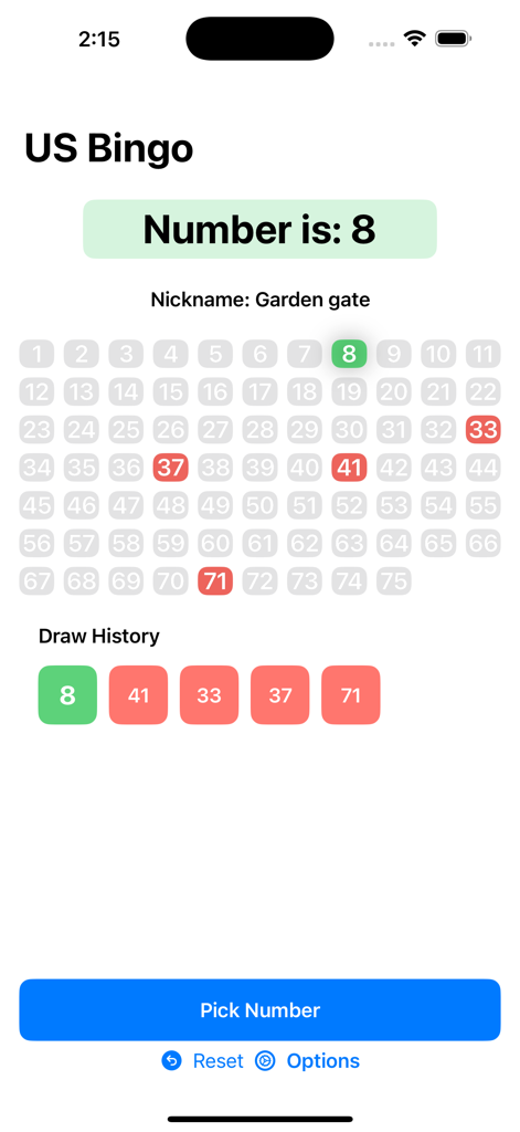 Interface of the Bingo Number Generator app for US 75-ball Bingo showing number 8 and the nickname Garden Gate