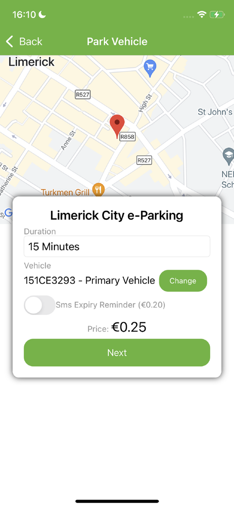 Limerick e-Parking - Mobile interface of Limerick e-Parking app showing parking duration and vehicle selection over a city map