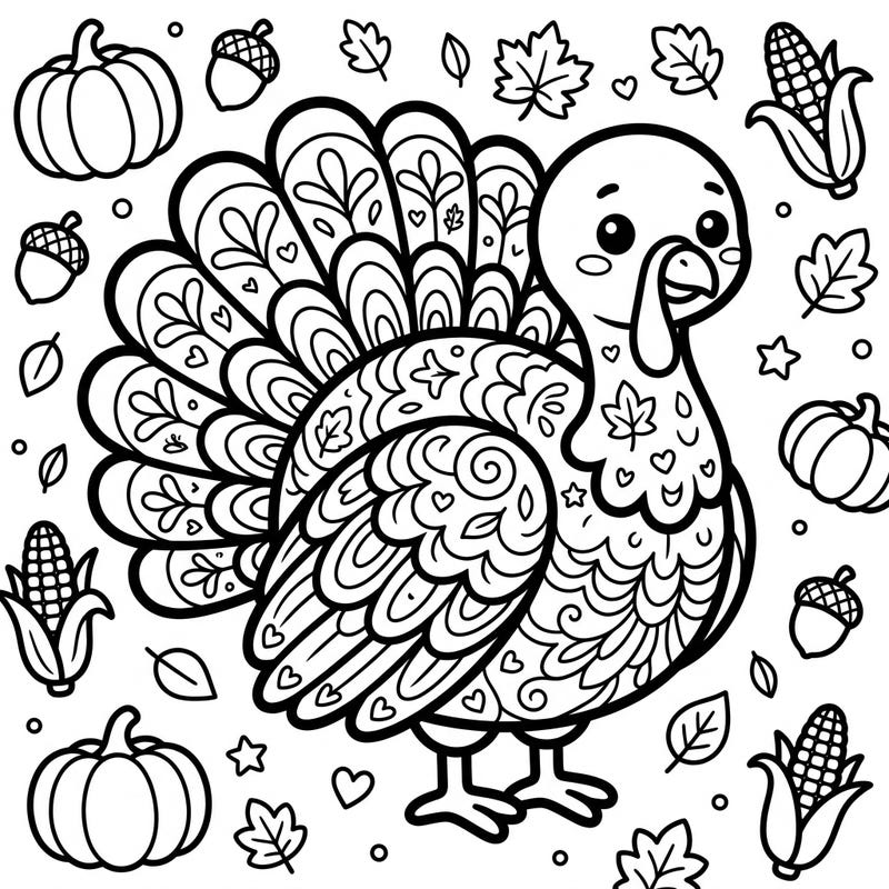 Immerse yourself in autumn cheer with this delightful Kawaii Bronze Turkey coloring page! Its charming design, filled with fall harvest elements, offers a truly joyful and relaxing creative experience.