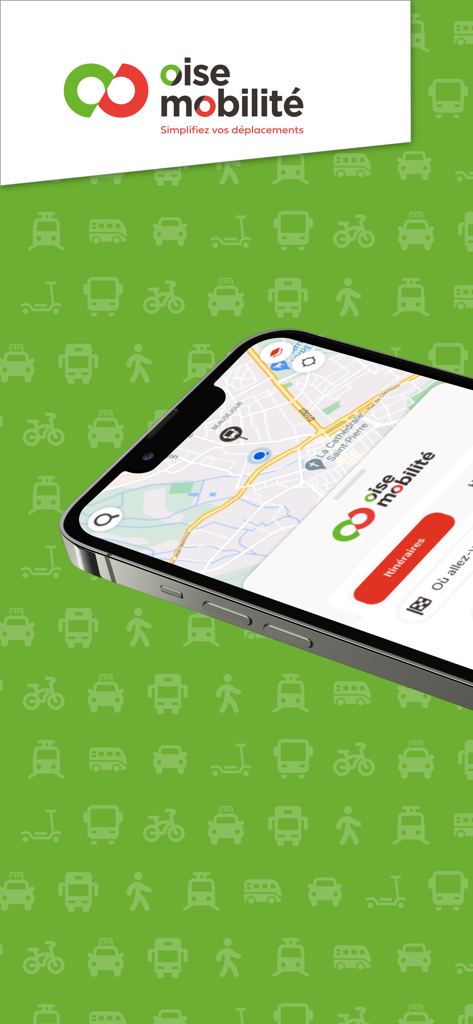 Teléfono inteligente mostrando la app de transporte Oise Mobilite con un mapa y una función de búsqueda de rutas