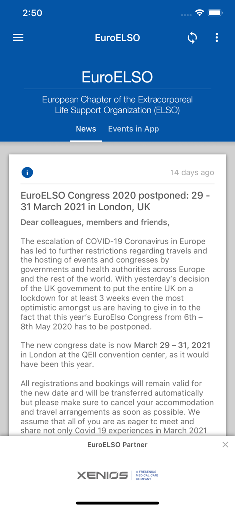 Tela de notícias do aplicativo médico EuroELSO exibindo um aviso de adiamento de congresso