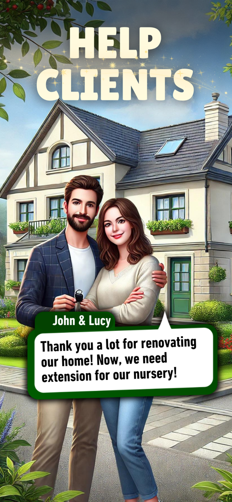 Real Estate Tycoon: Simulator - Una pareja de pie frente a una casa agradeciendo al jugador por una renovación y solicitando la ampliación de una guardería.