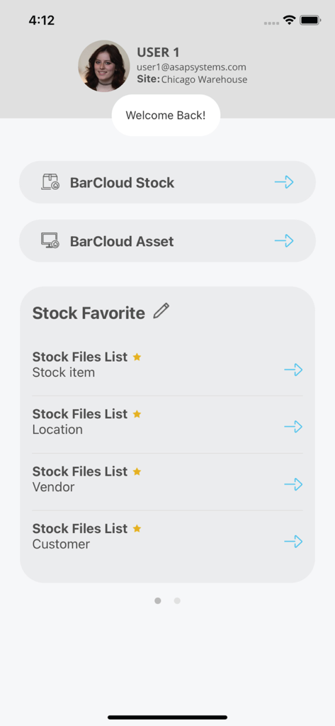 BarCloud mobile app dashboard displaying stock and asset tracking options for warehouse management.