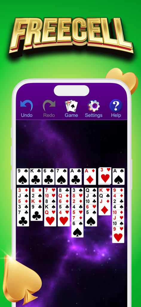 Interfaz de juego de solitario Freecell en un teléfono móvil con un fondo espacial púrpura