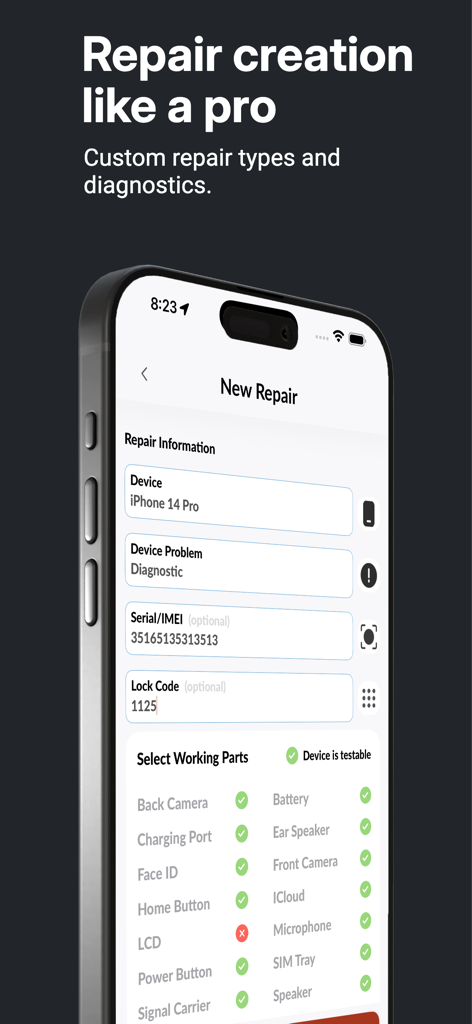 Repair Spots - New repair creation screen in the Repair Spots app with device information and diagnostic checklist.