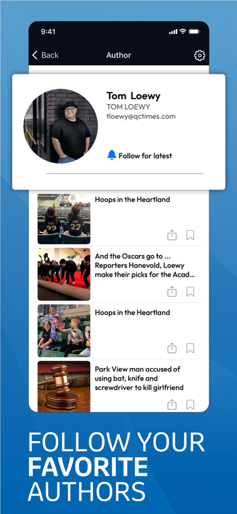 QCTimes - A screen from the QCTimes app showing an author profile with a follow button and a list of local news articles