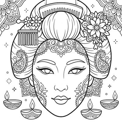 Discover a captivating blend of cultures with our Geisha Makeup and Diwali Fusion coloring page. This intricate design combines traditional Japanese beauty with the festive spirit of India's Festival of Lights.