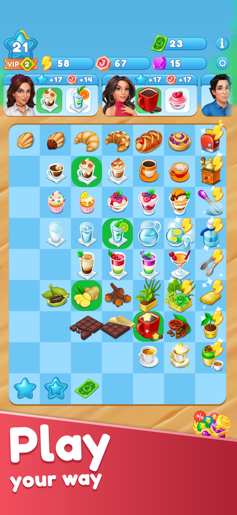 Joy Cafe: Tasty Merge Game - Joy Cafe gameplay showing a merge board with coffee pastries and ingredients