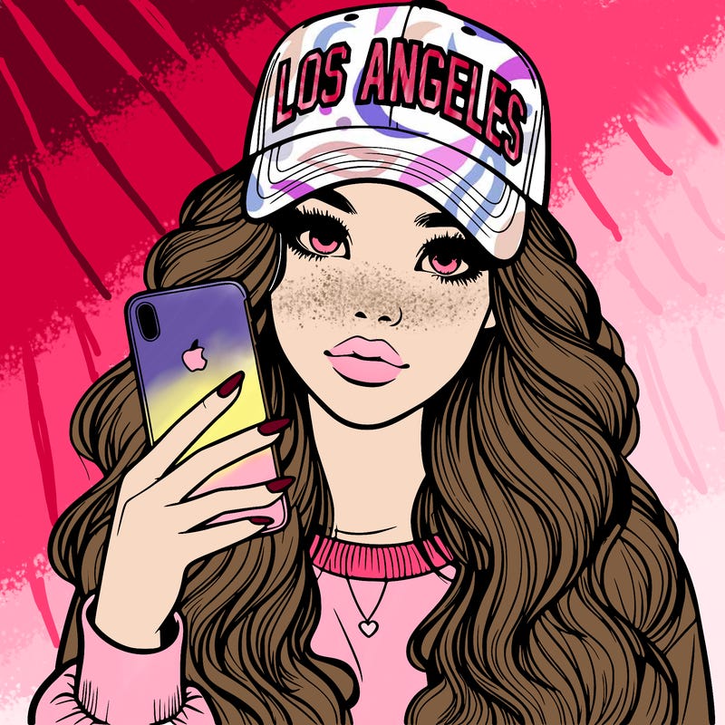 realistic beautiful girl wearing los ángeles cap holding an iphone
