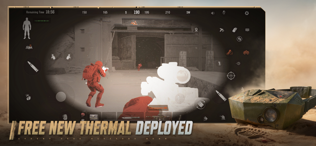 Arena Breakout gameplay showing tactical thermal vision spotting an enemy highlighted in red