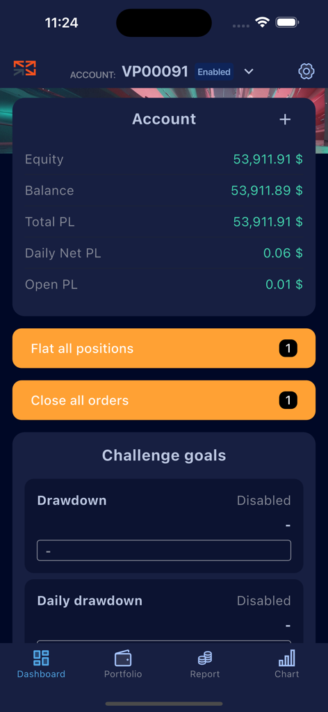 Volumetrica Prop - Volumetrica Prop app dashboard showing account equity and trading challenge status