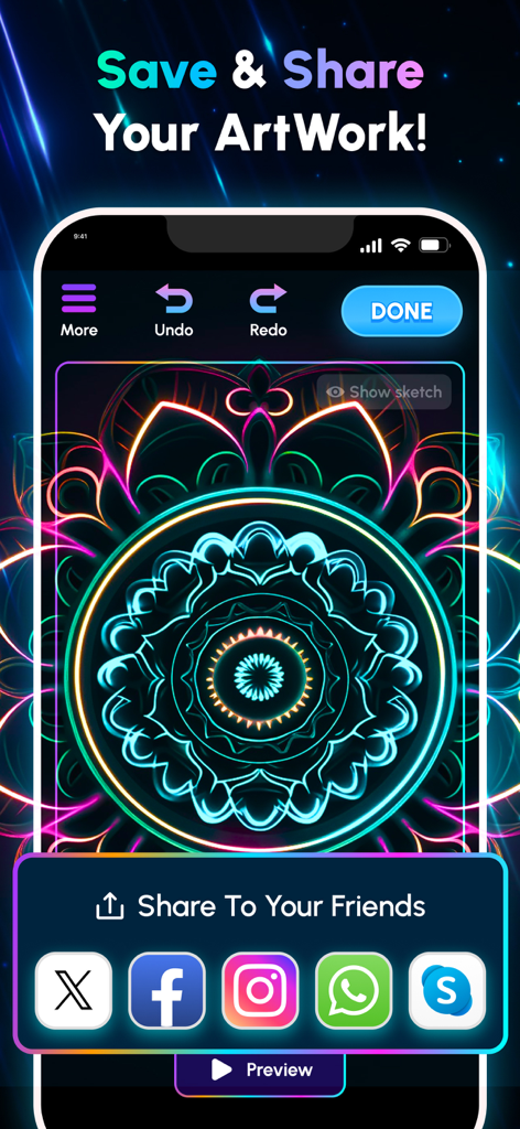 Tela de compartilhamento do aplicativo Glow Art Drawing apresentando uma mandala de neon brilhante e ícones de exportação de mídia social