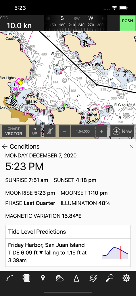 Coastal Explorer - A nautical navigation app showing a detailed chart of San Juan Island with real-time tide and moon phase data.