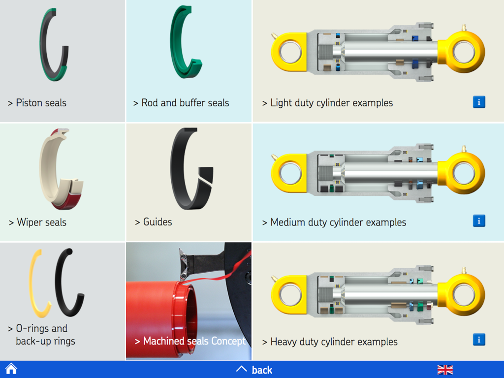 Catalog menu of SKF hydraulic seals showing various seal types and cylinder applications on an iPad interface.