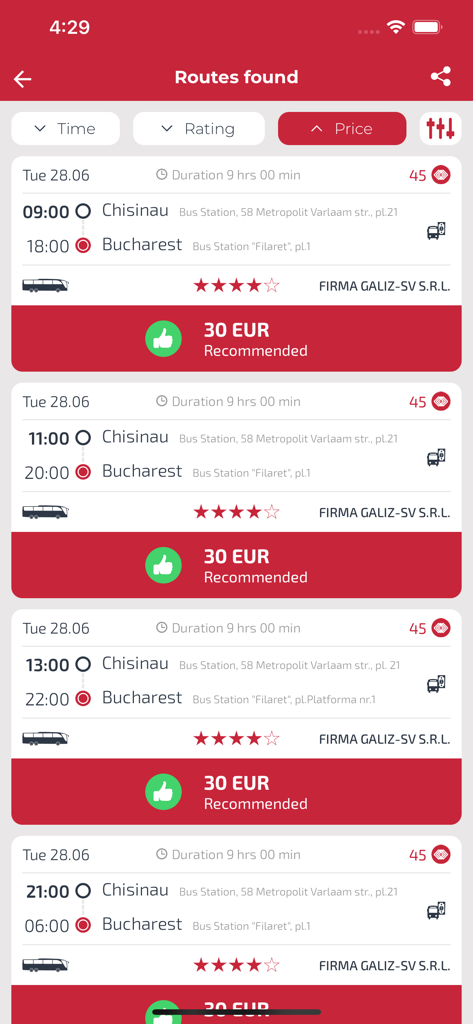 The GAL Trans app displaying a list of available bus routes from Chisinau to Bucharest including prices and schedules.