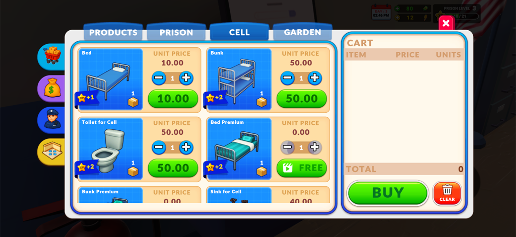 Prison Real Simulator - In-game shop interface in Prison Real Simulator showing cell furniture upgrades like beds and toilets